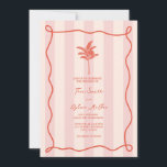 Palm Tree Swirl Pink Stripe Tropical Wedding Invitation<br><div class="desc">Wedding theme featuring text inside swirl frame with palm tree line drawing over light pink stripe background.</div>