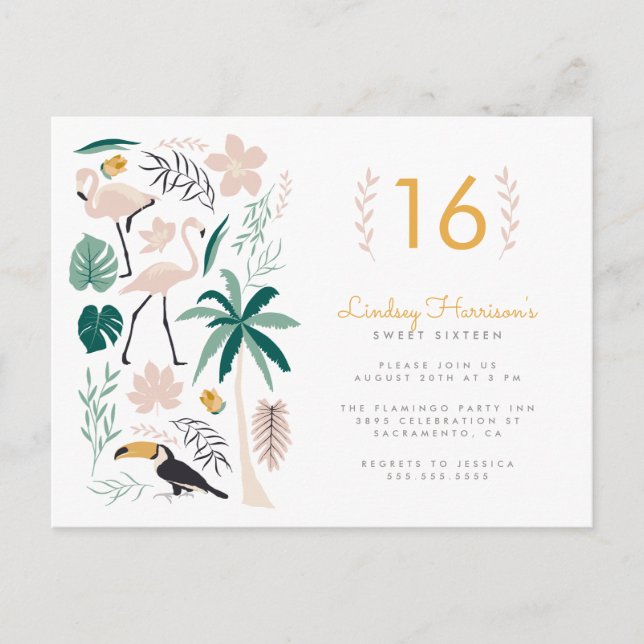 Palm Tree Toucan Pink Flamingo & Monstera Sweet 16 Invitation Postcard (Front)