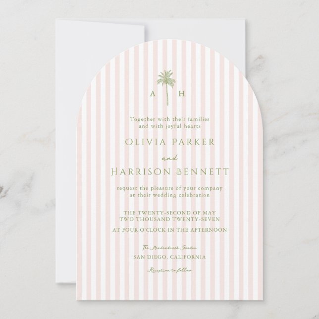 Palm Tree Tropical Arched Pink Stripe Wedding Invitation (Front)