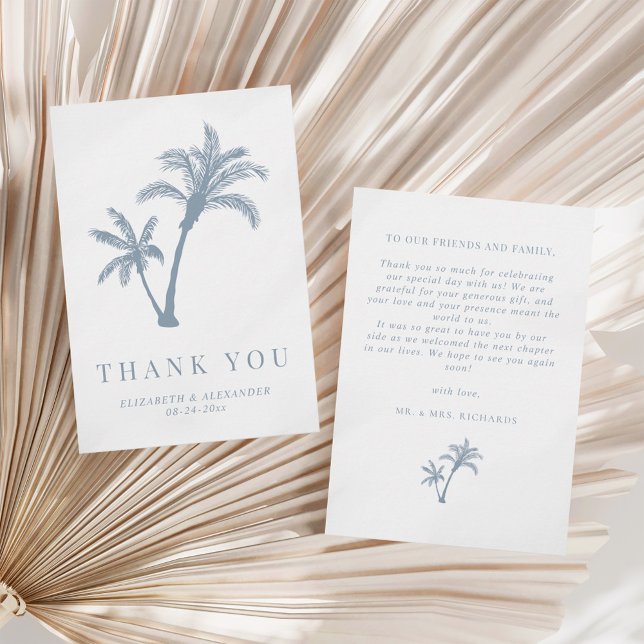 Palm Tree Tropical Beach Dusty Blue Wedding Thank You Card (Creator Uploaded)
