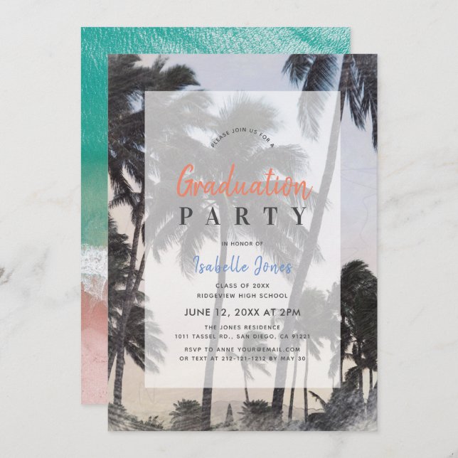 Palm Tree & Tropical Beach Graduation Invitation (Front/Back)