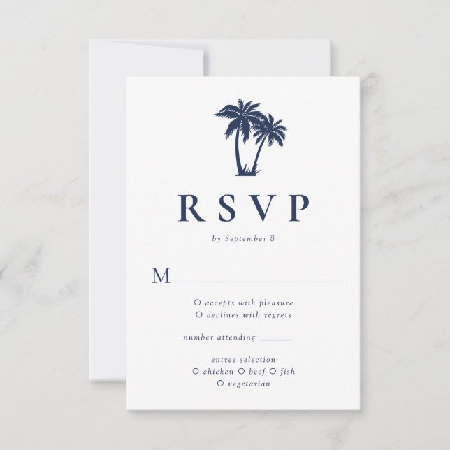 Palm Tree Tropical Beach Navy  RSVP Card (Front)