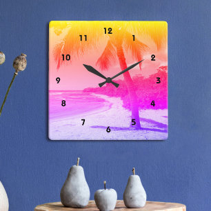 Palm Tree Tropical Beach Orange Pink Purple Ombre Square Wall Clock