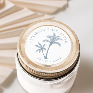 Palm Tree Tropical Beach Wedding Dusty Blue Classic Round Sticker