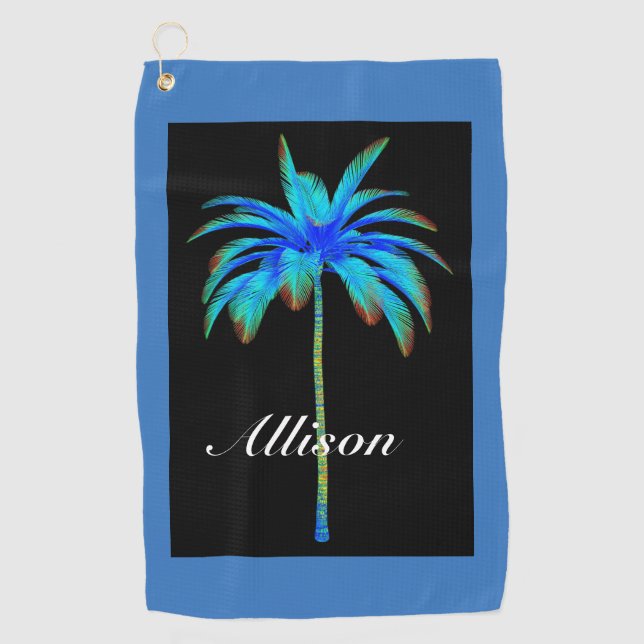 Palm Tree Tropical Colourful Blue Personalised Golf Towel (Front)