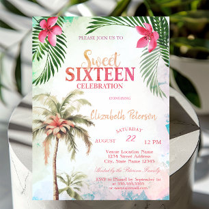 Palm Tree Tropical Flowers Summer Sweet 16 Party Invitation
