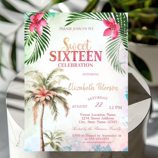 Palm Tree Tropical Flowers Summer Sweet 16 Party Invitation (Creator Uploaded)