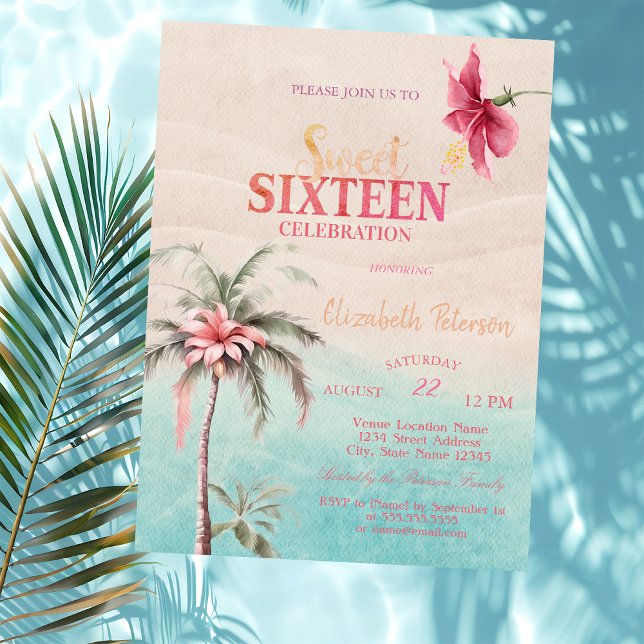 Palm Tree Tropical Hibiscus Summer Sweet 16 Party  Invitation (Creator Uploaded)