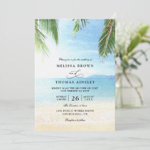 Palm Tree Tropical Island Beach QR Code Wedding Invitation