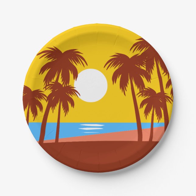 Palm Tree Tropical Island Sunset Paper Plate (Front)