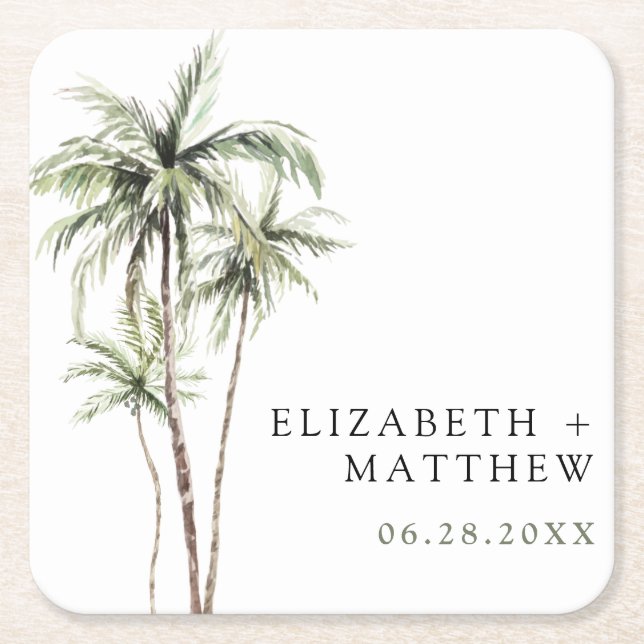 Palm Tree Tropical | Minimal Wedding Square Paper Coaster (Front)
