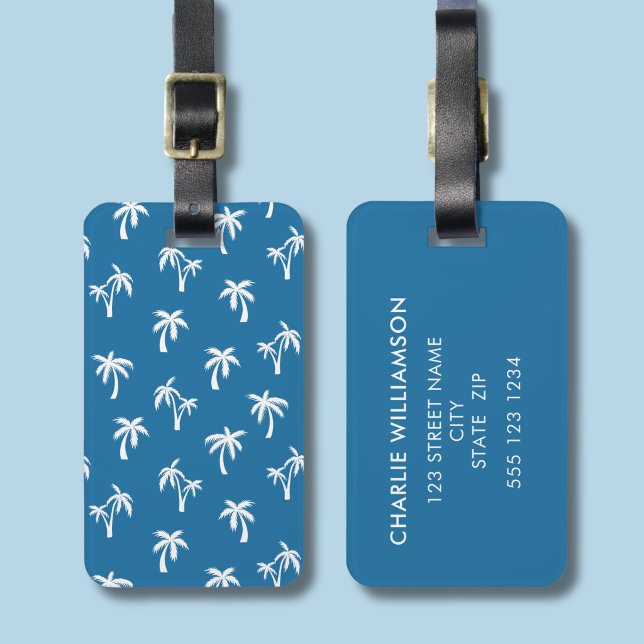 Palm Tree Tropical pattern blue Luggage Tag (Blue palm tree patterned luggage tag)