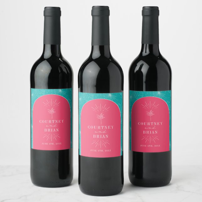 Palm Tree Tropical Pink and Blue Beach Wedding  Wine Label (Bottles)