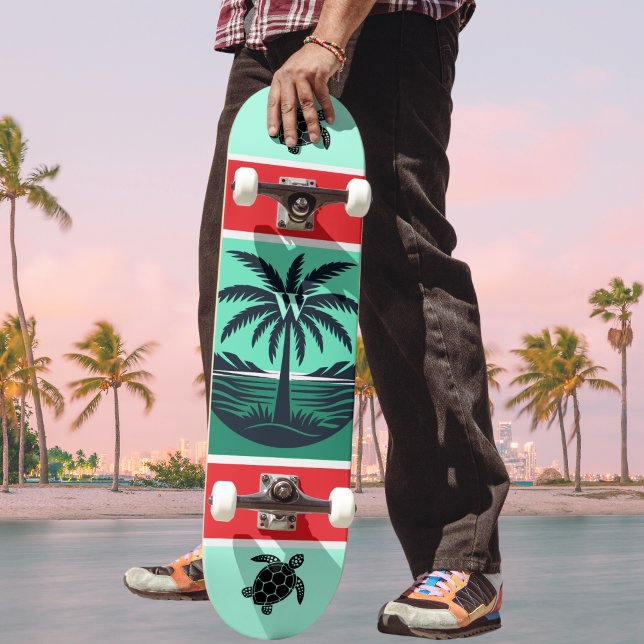 Palm Tree Turtle Silhouette Red Green Initial Skateboard (Creator Uploaded)