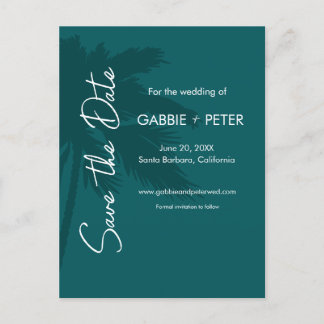 Palm Tree Typography Modern Teal Save the Date Postcard