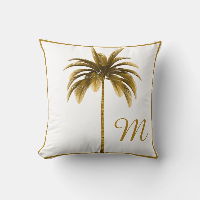 Palm Tree Vintage Brown Frame Tropical Monogram Cushion (Front)