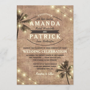Palm Tree Vintage Lights Beach Wedding Invitations