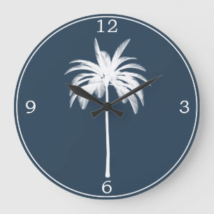 Palm Tree Vintage Tropical Elegant Blue White Large Clock