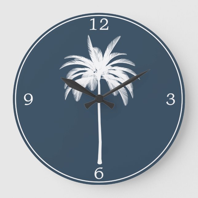 Palm Tree Vintage Tropical Elegant Blue White Large Clock (Front)