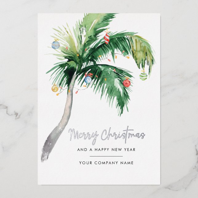 Palm Tree Watercolor Business Christmas Silver Foil Holiday Card (Front)