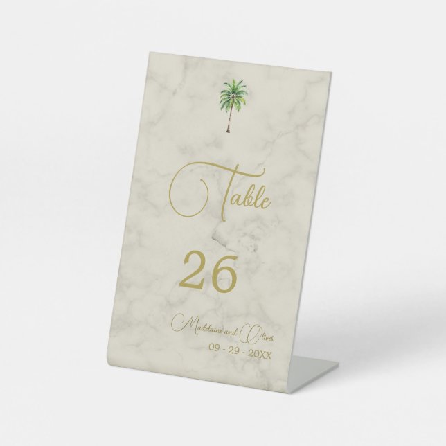 Palm Tree Watercolor Elegant Simple Wedding  Pedestal Sign (Front)