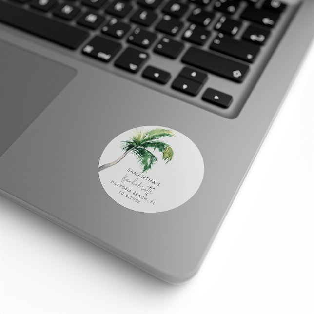 Palm Tree Watercolor Personalised Bachelorette Classic Round Sticker (Palm Tree Coastal Bachelorette Party Classic Round Stickers)