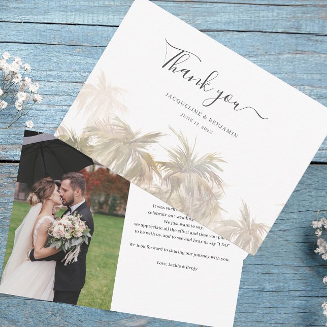 Palm Tree Watercolor Photo Wedding Thank You Card (Palm Tree Wedding Photo Thank You Card)