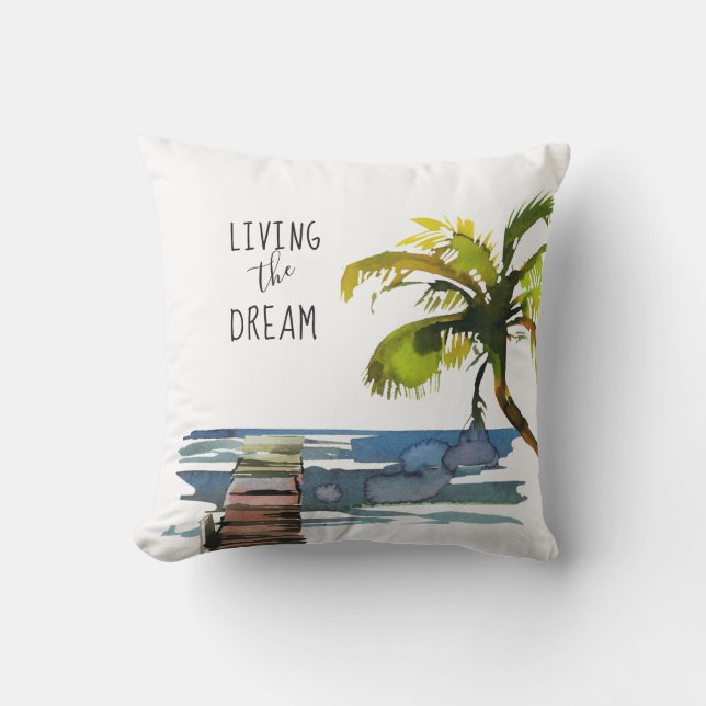 Palm Tree Waterfront Living the Dream Tropical Cushion (Front)