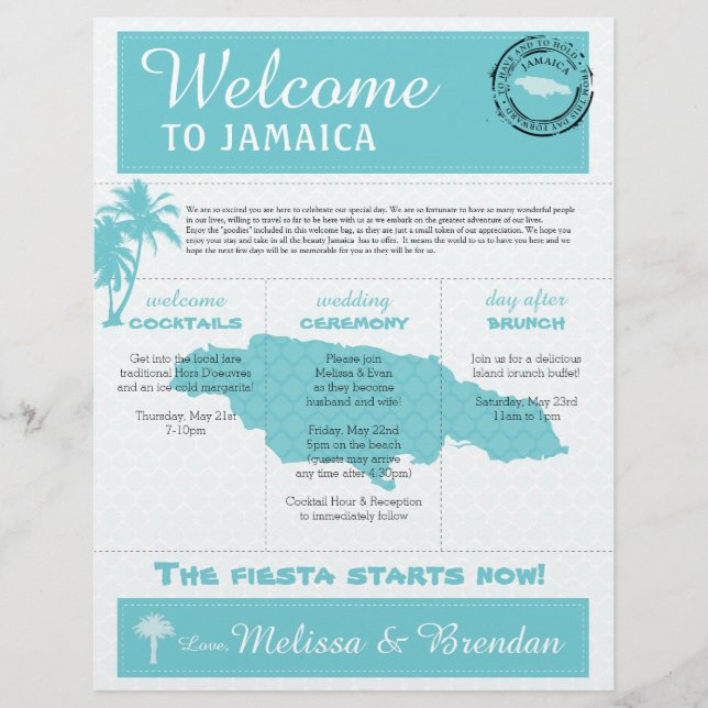 Palm Tree Wedding Welcome Letter for Jamaica (Front)