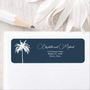 Palm Tree  White Blue Elegant Modern Script Label Return Address Label