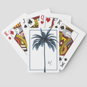 Palm Tree White Blue Tropical Elegant Monogram    Playing Cards