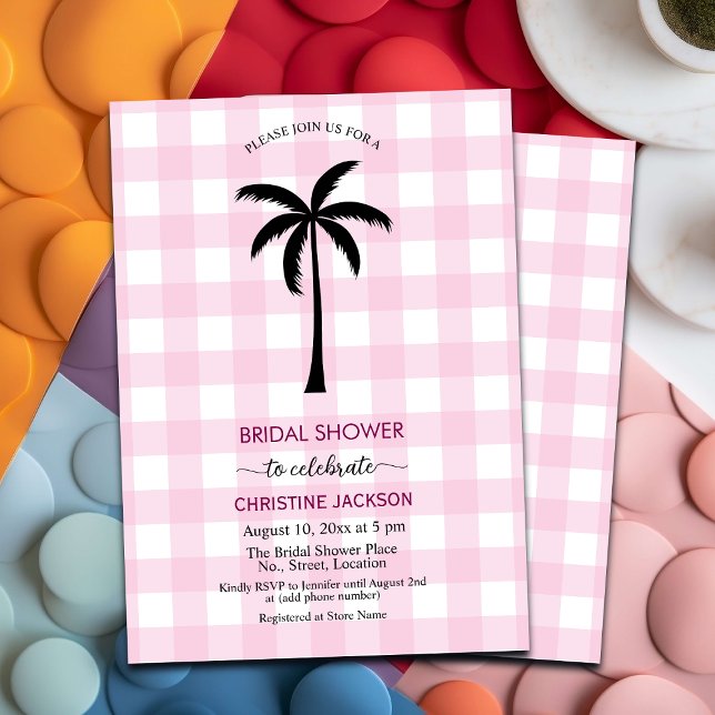 Palm Tree White Pink Chequered Bridal Shower Invitation (Creator Uploaded)