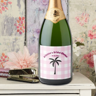 Palm Tree White Pink Chequered Bridal Shower Sparkling Wine Label