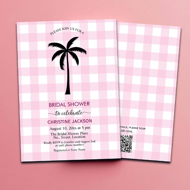 Palm Tree White Pink Chequered QR Code Bridal  Invitation (Creator Uploaded)
