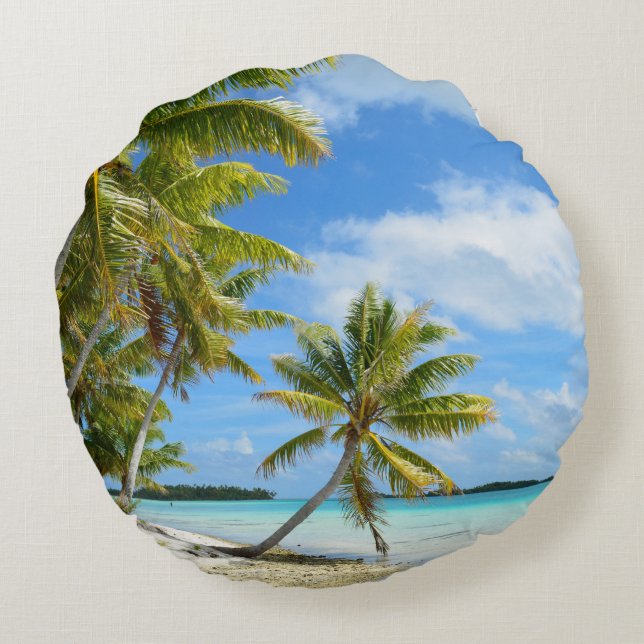 Palm tree white sand beach round cushion (Back)