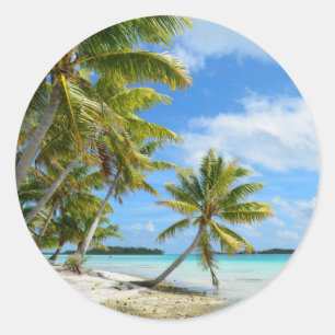 Palm tree white sand beach round sticker