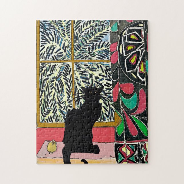 Palm Tree Window,  Black Cat Jigsaw Puzzle (Vertical)