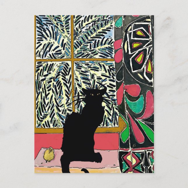 Palm Tree Window with Black Cat Postcard (Front)