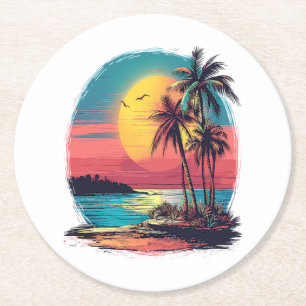 Palm trees and beach round paper coaster