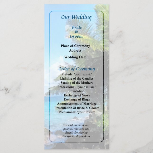 Palm Trees and Beach St. Thomas VI Wedding Program (Front)