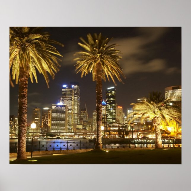 Palm Trees and CBD at Night, Sydney, New South Poster (Front)