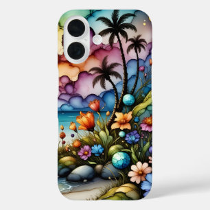 Palm Trees and Fantasy Flowers iPhone 16 Case