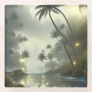 Palm Trees and Ocean Foggy Day Glass Coaster