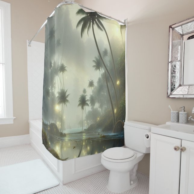 Palm Trees and Ocean Lights Shower Curtain (In Situ)
