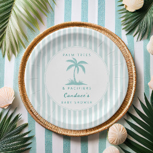 Palm Trees and Pacifiers Blue Coastal Baby Shower Paper Plate