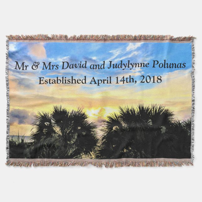 PALM TREES AND SUNSET PERSONALIZED WEDDING BLANKET (Front)