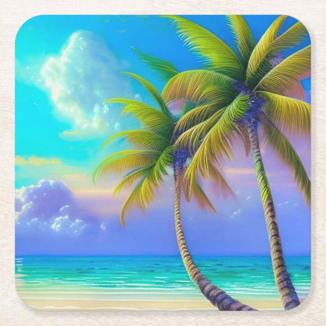Palm Trees as Night Falls Tropical  Square Paper Coaster (Front)