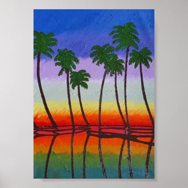 Palm trees at sunset and their reflection poster (Front)