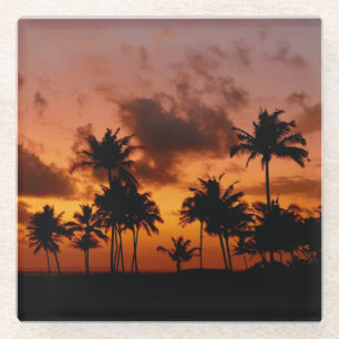 Palm Trees at Sunset - red Glass Coaster