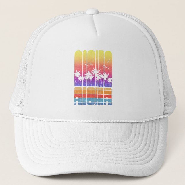  Palm Trees Beach Tropical Vacation Aloha Trucker Hat (Front)